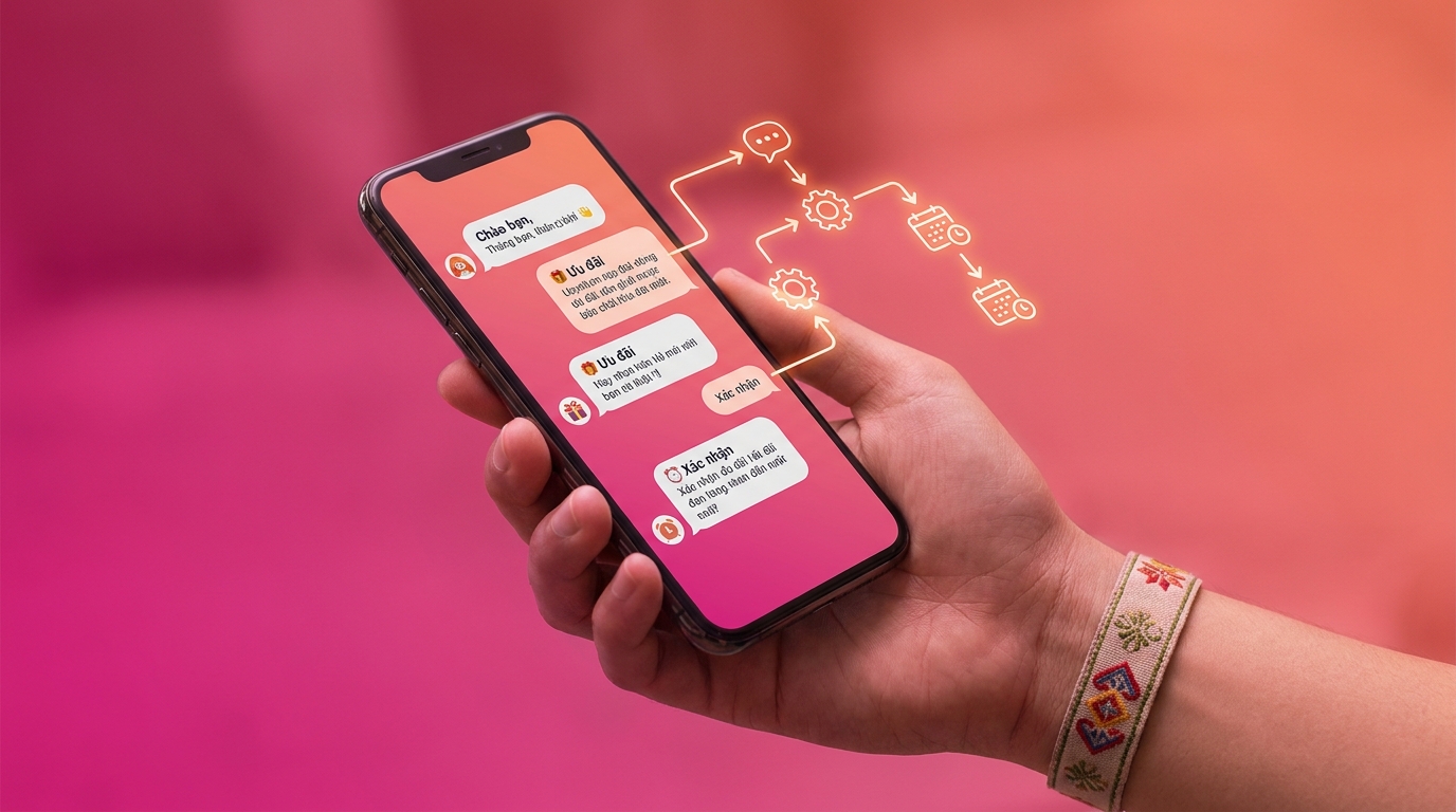 Minh hoạ SMS marketing automation hero với smartphone hiển thị tin nhắn và automation flow