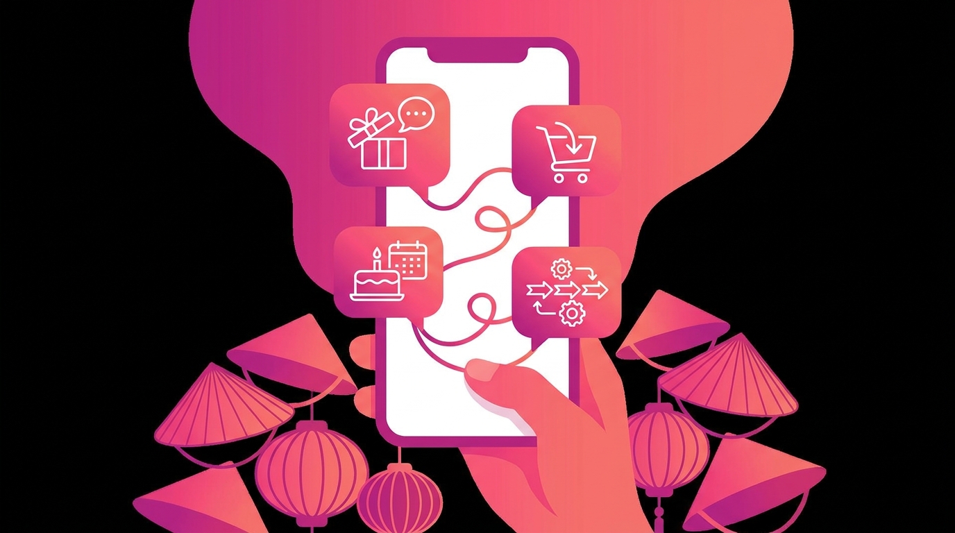 Minh hoạ SMS automation triggers welcome message cart abandonment birthday flow