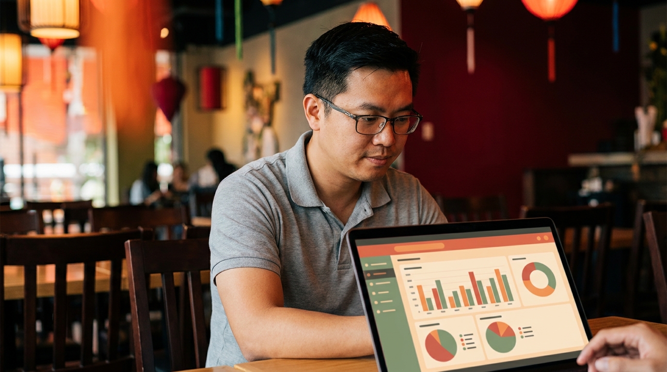 Quản lý vùng chuỗi F&B Việt review dashboard 30 quán trên laptop