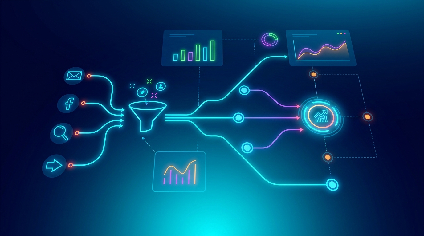 Attribution models comparison dashboard navy cyan với last click first click linear cho SME Việt