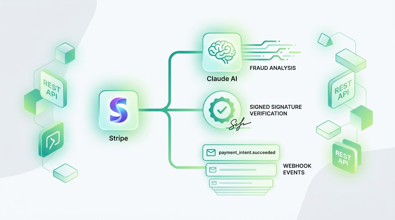 Stripe webhook event listener với Claude AI fraud analysis