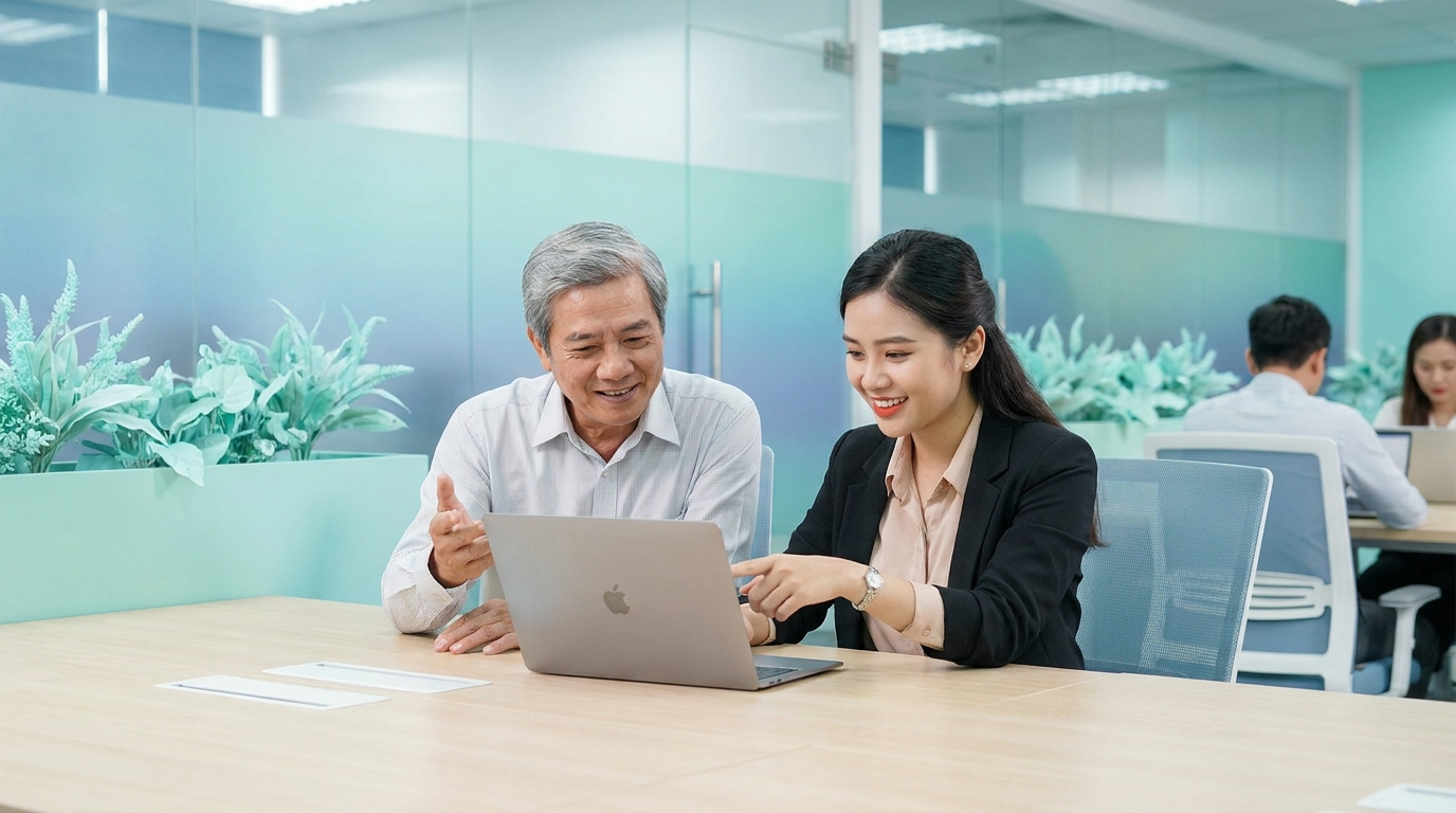 Mentor coach Vietnamese employee at modern desk