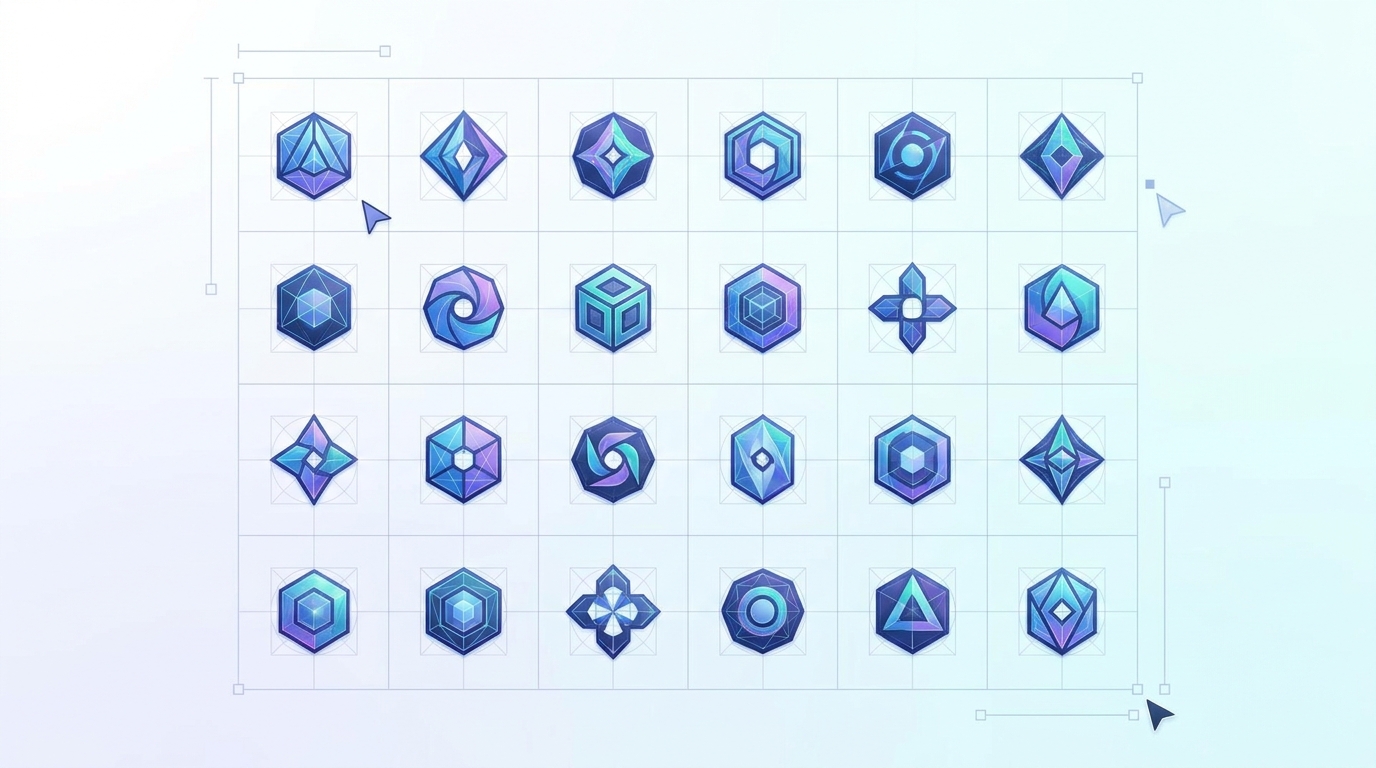 Lưới 24 icon hình học do Claude Design tạo trên nền xanh nhạt minimal