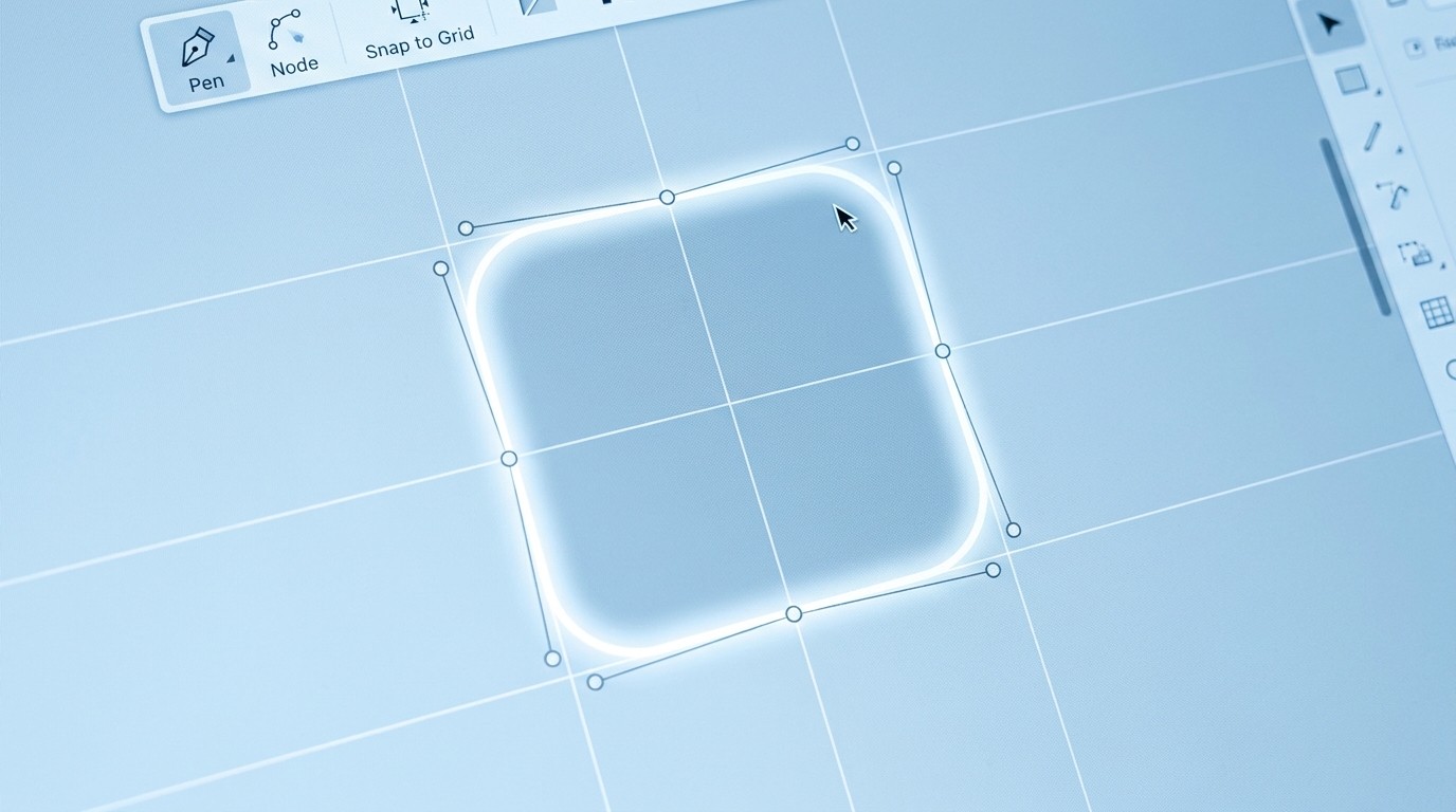 Cận cảnh dựng vector icon với bezier handle và lưới 24px trên nền xanh nhạt