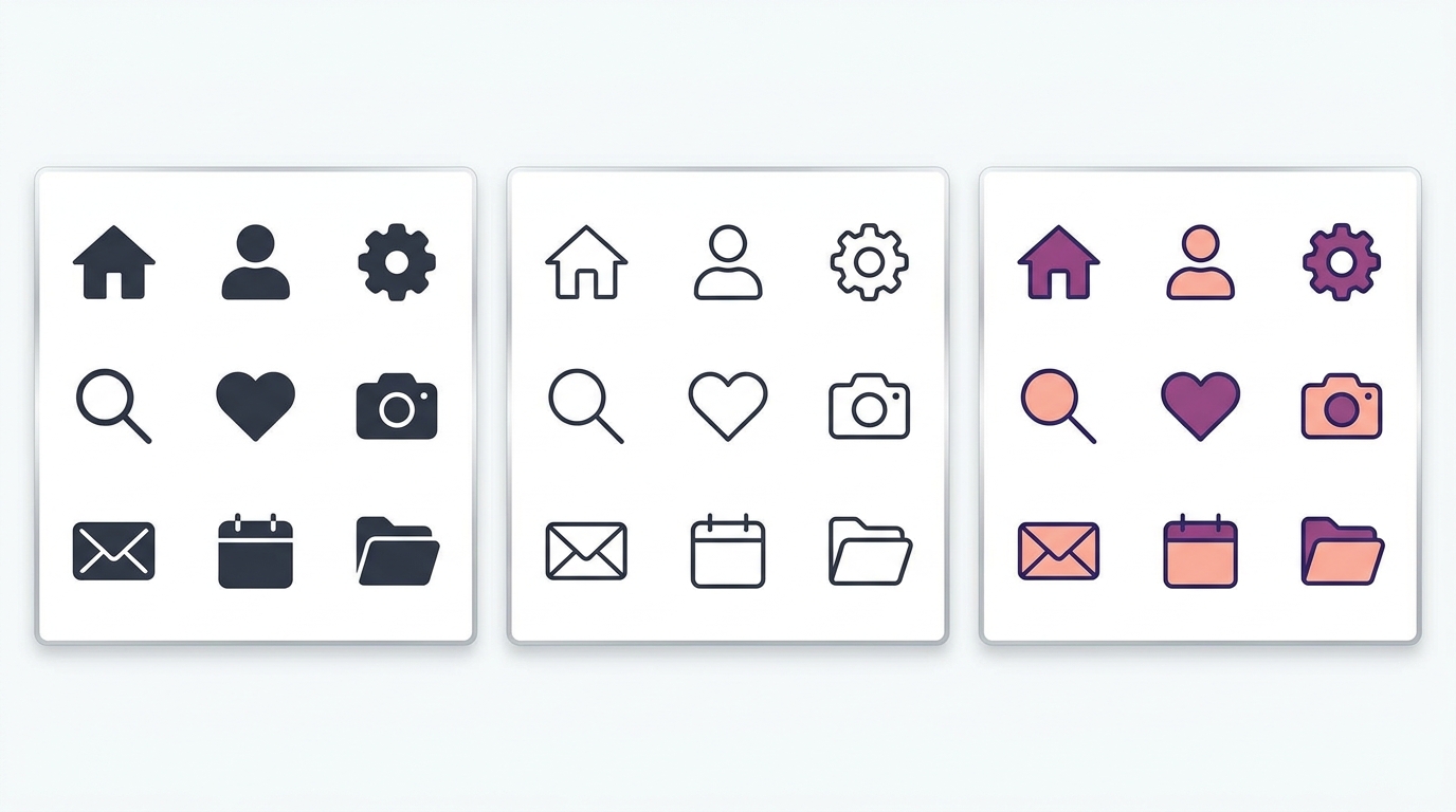 So sánh ba kiểu icon - filled, outline, duotone trên nền trắng minimal