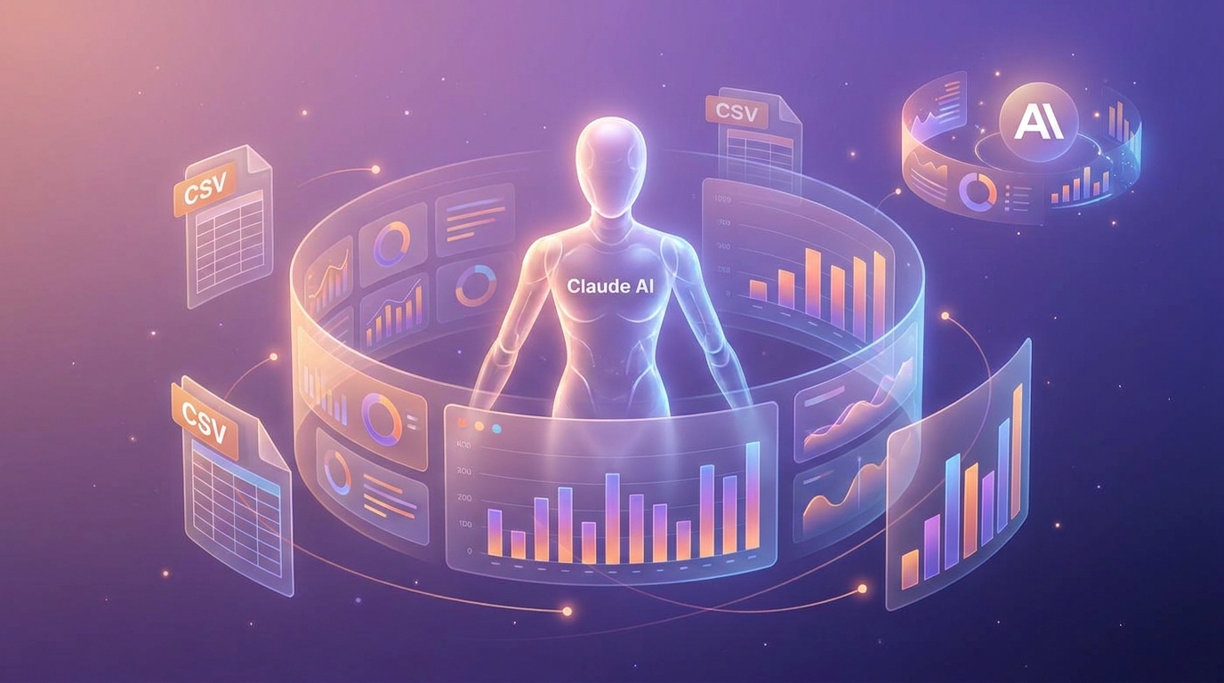 Claude AI phân tích dữ liệu spreadsheet với gradient lavender tím editorial illustration