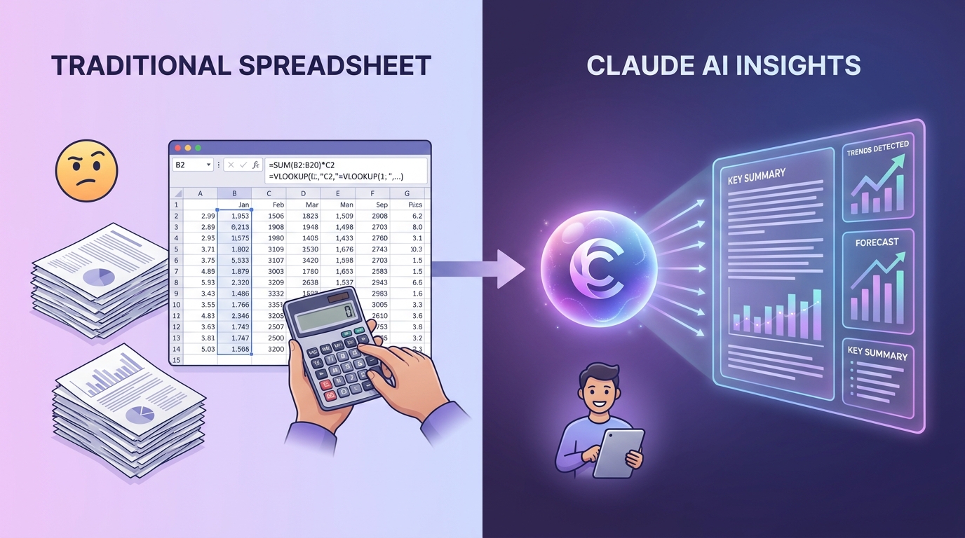So sánh Excel truyền thống với Claude AI extracting insights, lavender to indigo gradient editorial diagram