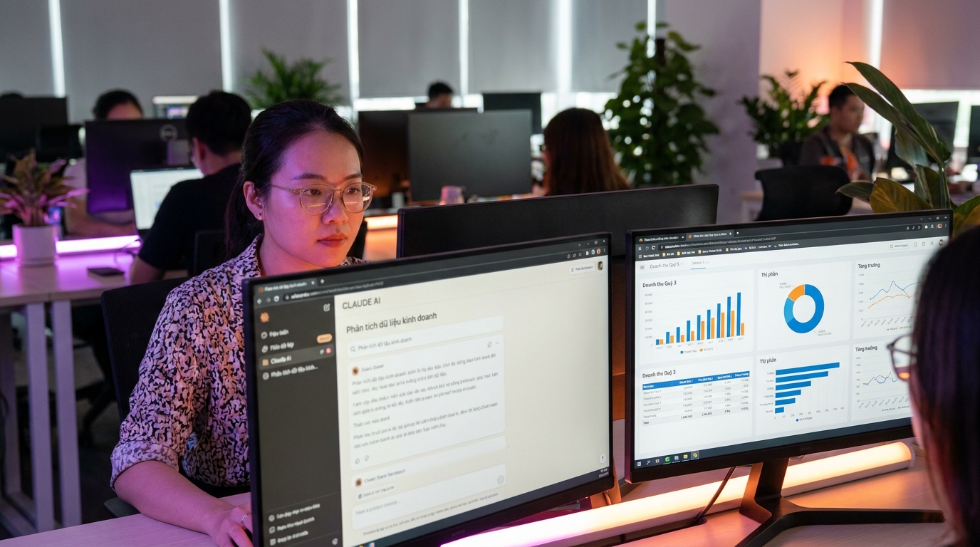 Vietnamese data analyst làm việc với Claude AI dual monitors dashboards charts business data, warm purple gradient lighting modern office