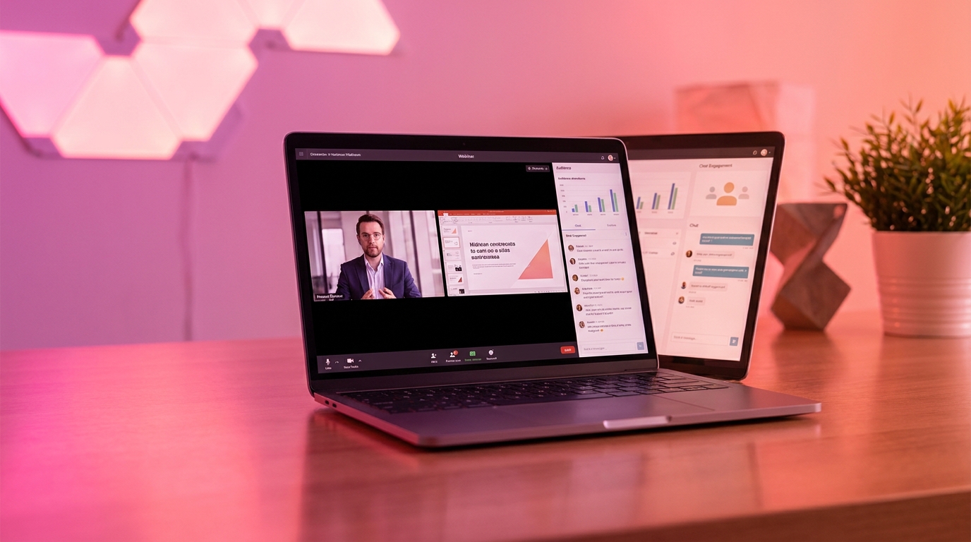 Minh hoạ webinar funnel hero với laptop hiển thị live webinar và audience metrics