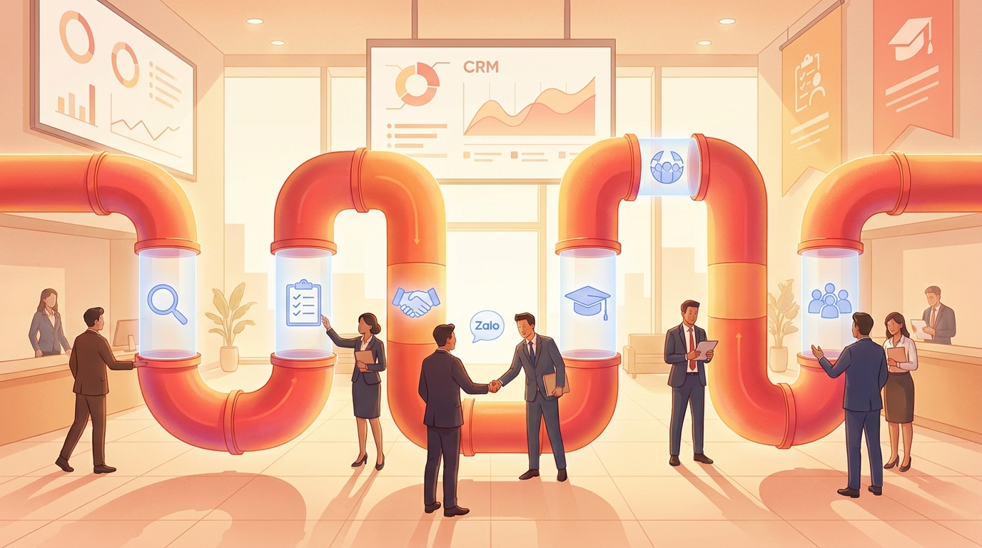 Hình minh họa pipeline tuyển sinh nên chia mấy bước? trong chủ đề ZaloCRM giáo dục trung tâm đào tạo