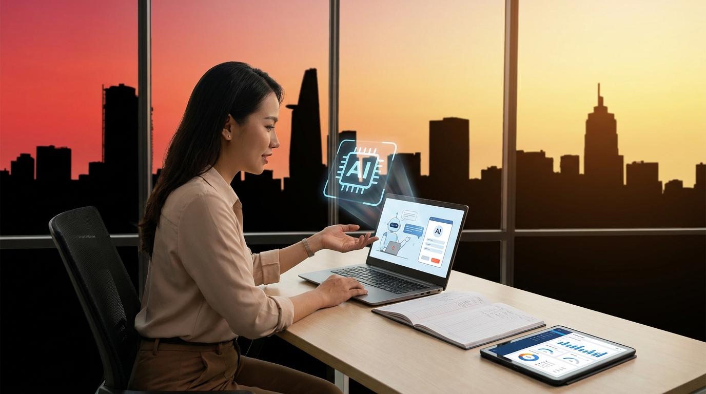 Kế toán viên Việt Nam dùng Claude AI phân tích báo cáo tài chính trên laptop với MISA và Excel