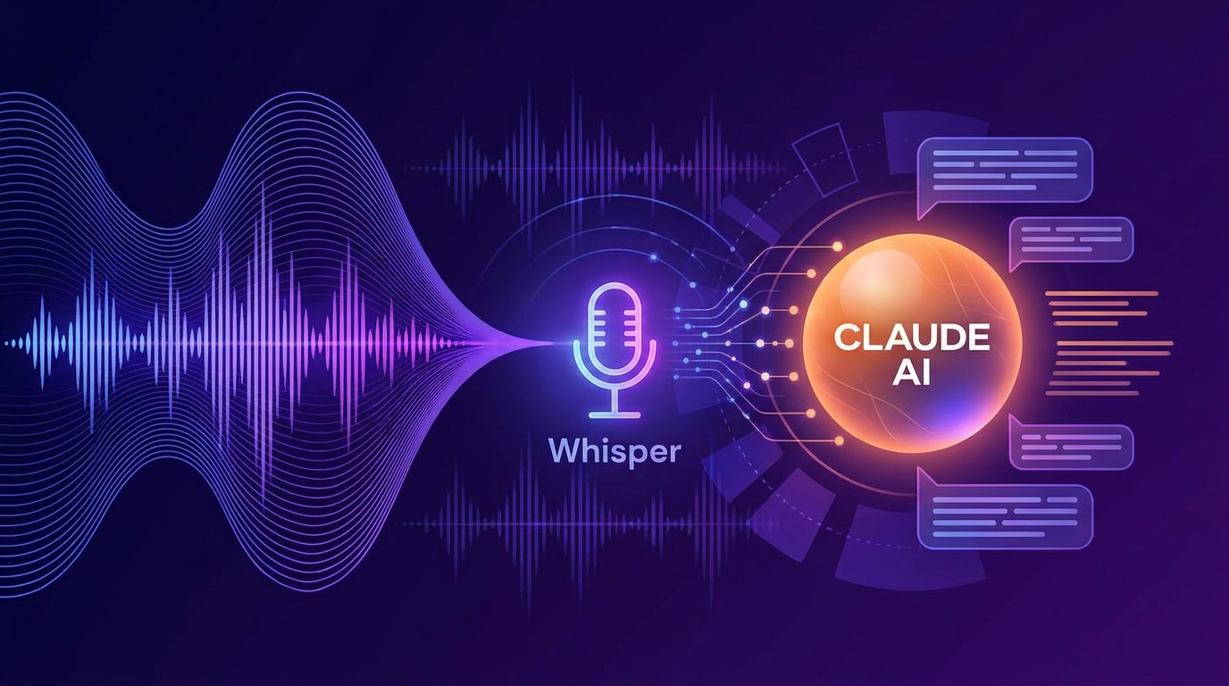 Editorial illustration audio waveform Whisper Claude pipeline