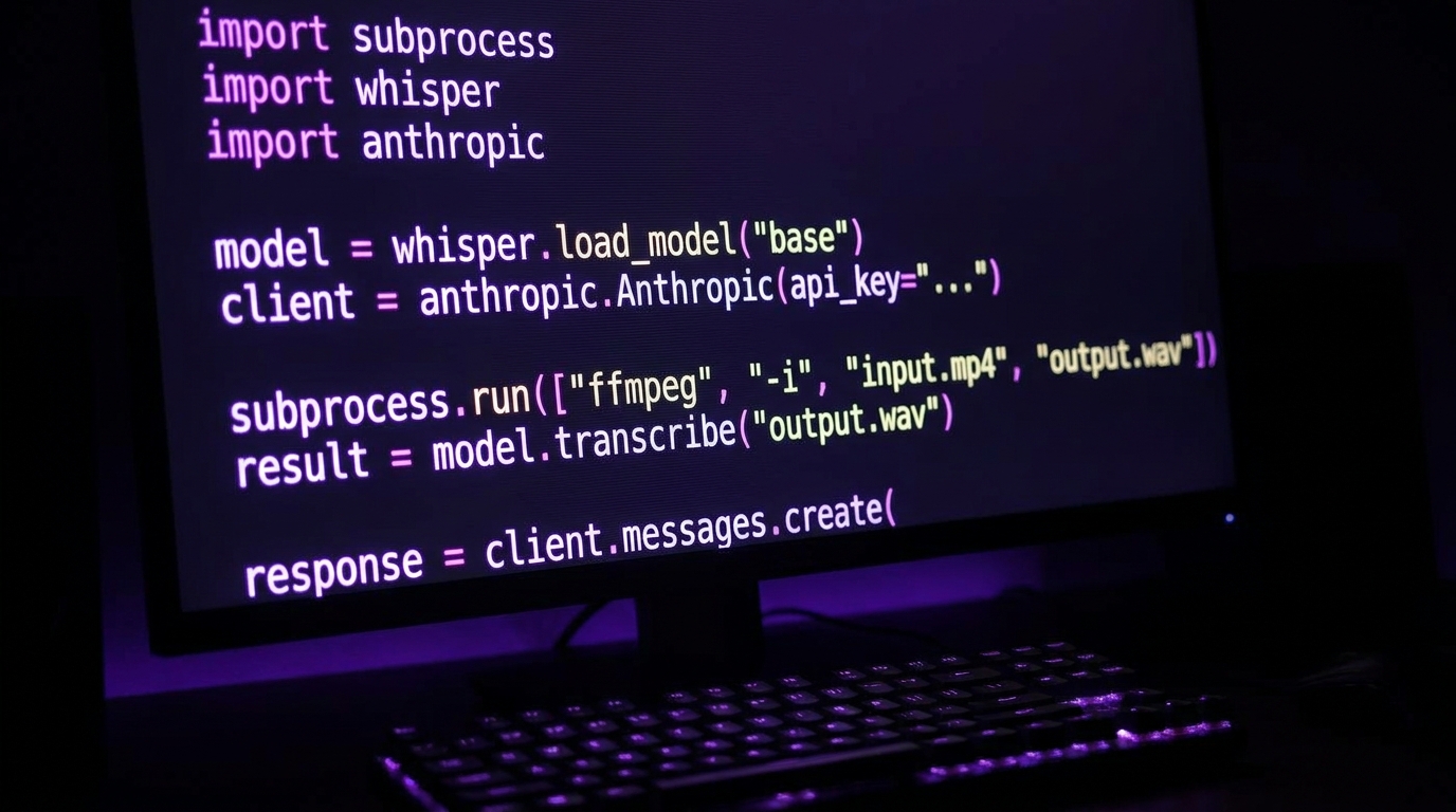 Code panel Python ffmpeg whisper Anthropic SDK