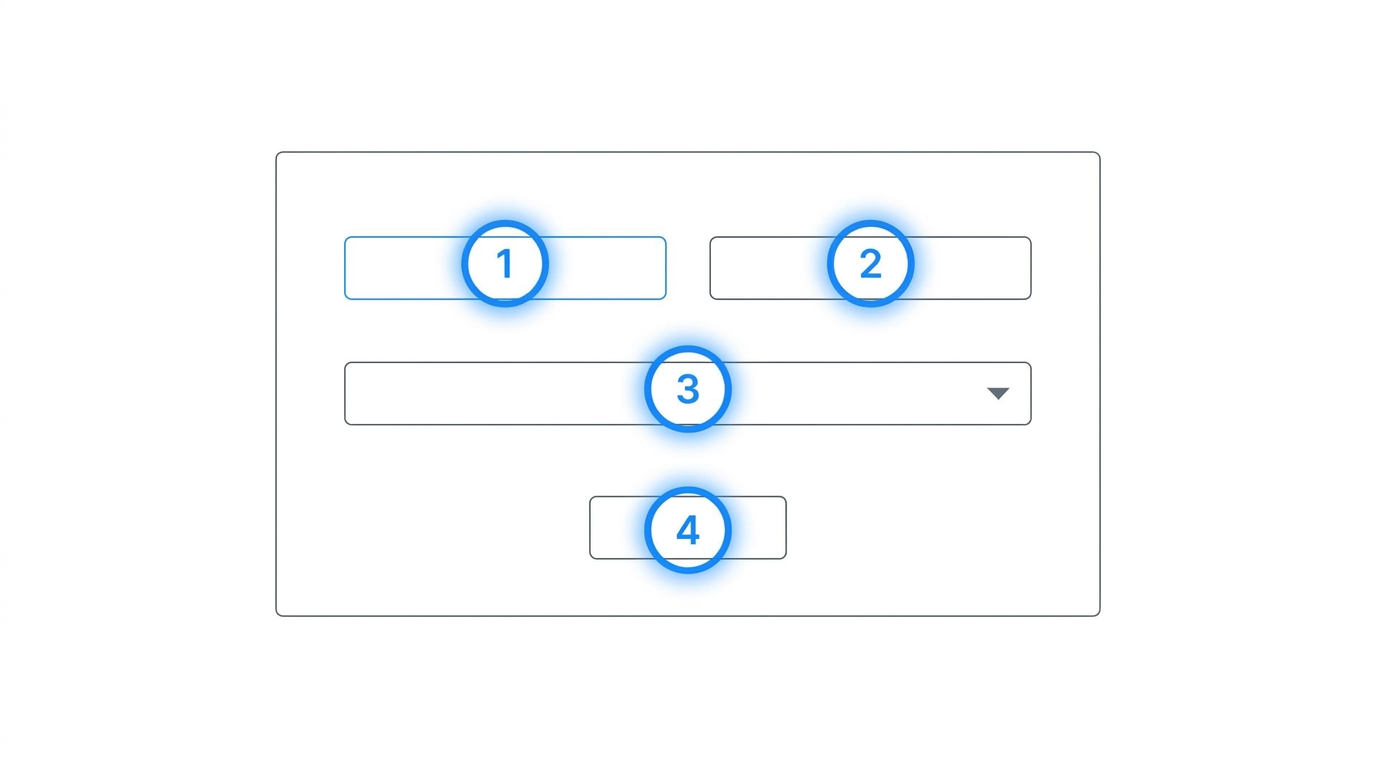 Diagram thứ tự keyboard focus với numbered ring trên form mockup nền trắng