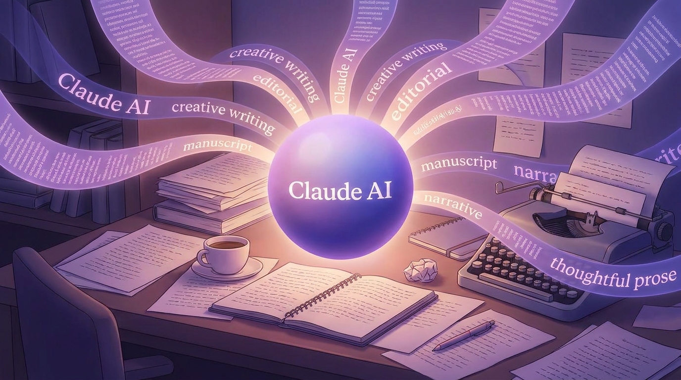 Claude AI tạo nội dung dạng văn bản dòng chảy gradient lavender tím editorial illustration