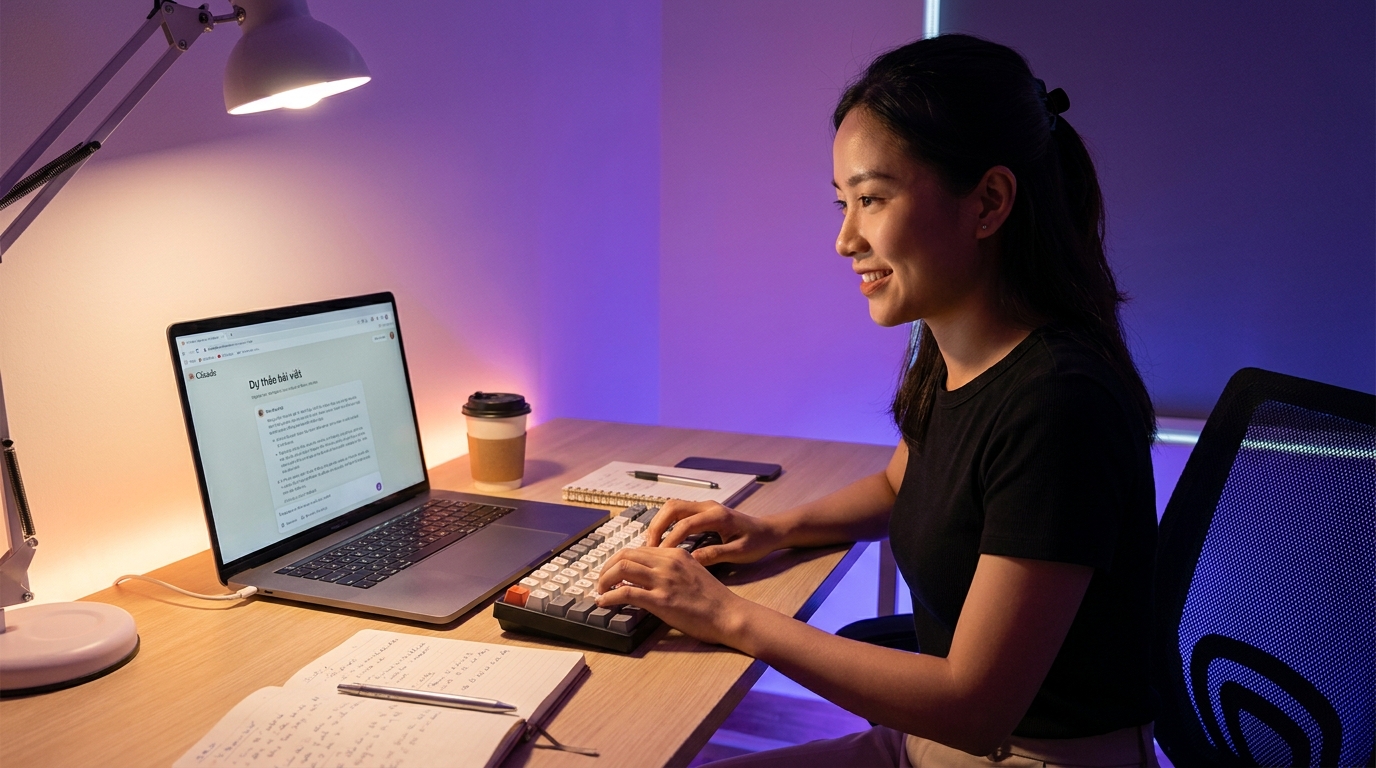 Marketer Việt Nam dùng Claude AI viết nội dung trên laptop ánh sáng tím ấm