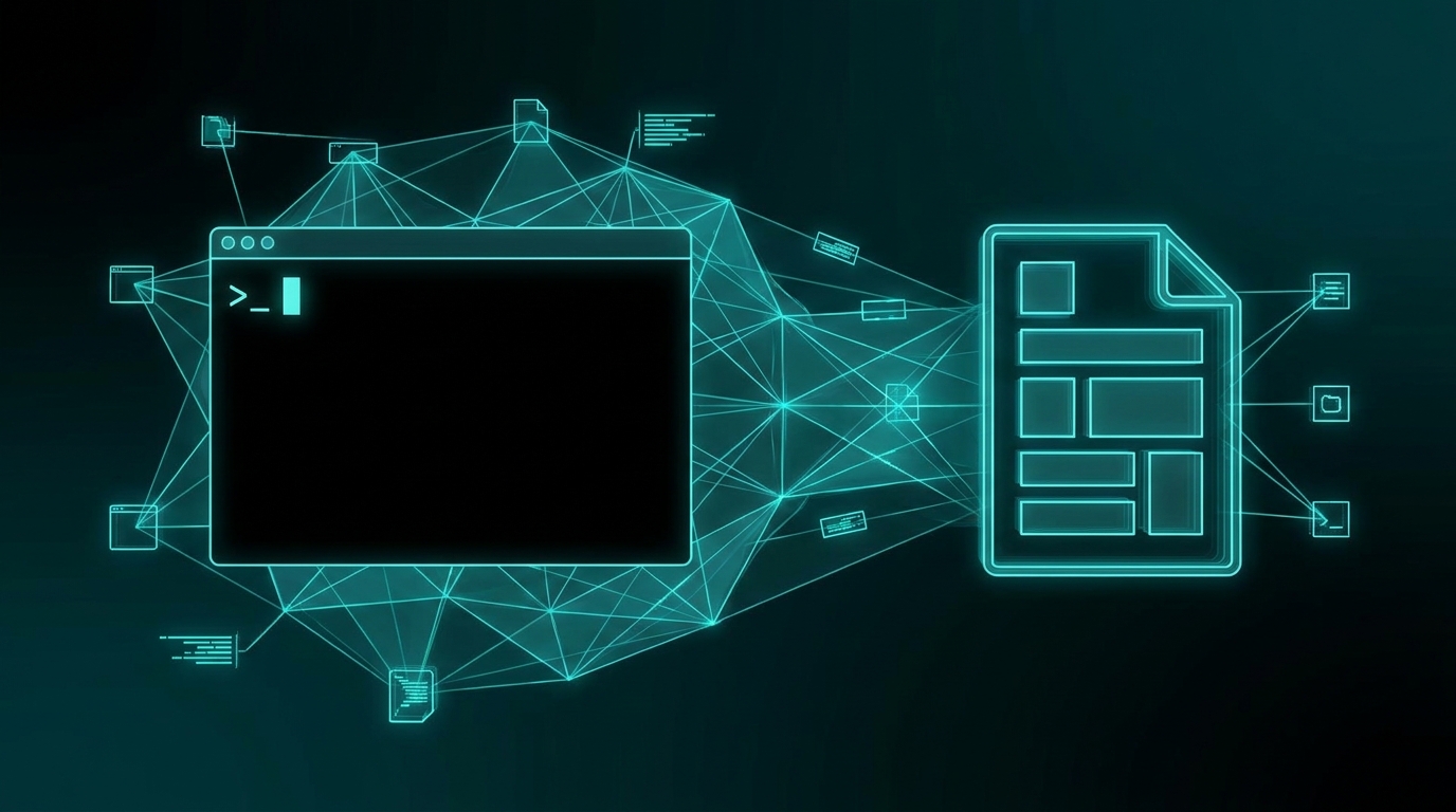 Terminal command line setup illustration với MCP config file aqua teal