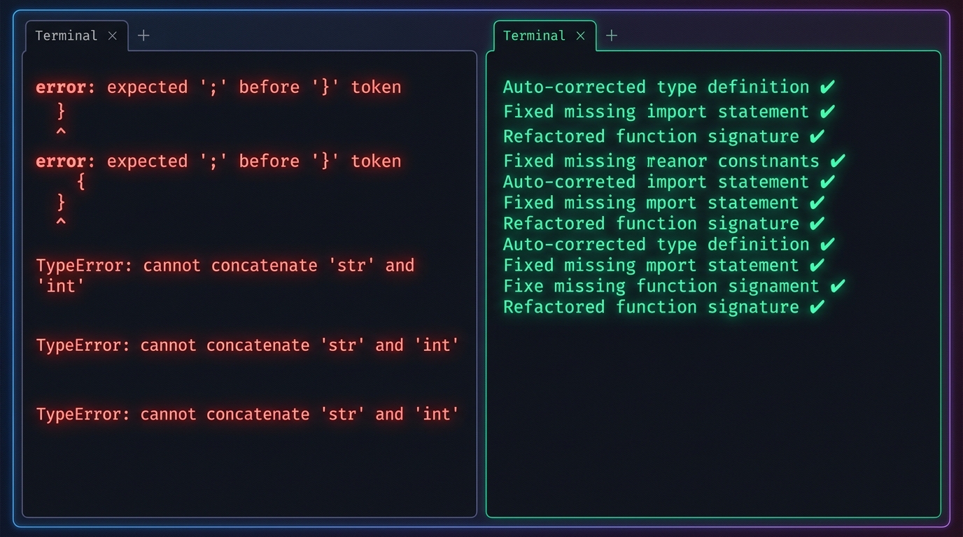 Side-by-side terminal: trái compilation errors, phải Claude auto-fix types