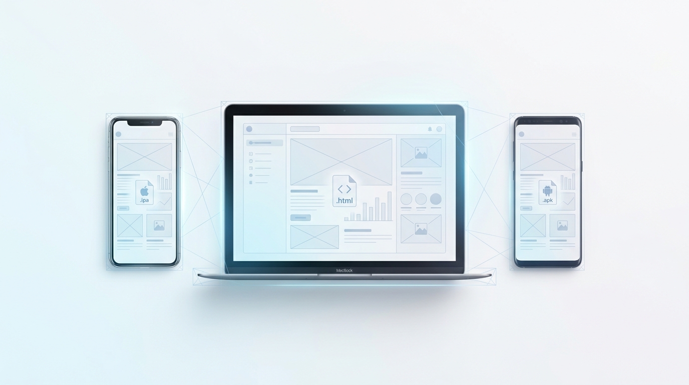 Ba thiết bị iPhone MacBook Android cùng UI export đồng bộ trên nền xanh nhạt