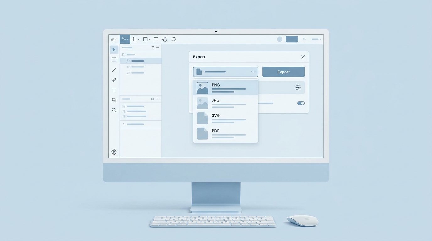 Asset export panel với file format dropdown trên nền xanh nhạt minimal