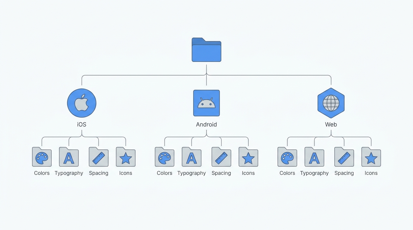 Folder structure tree cho design token sắp xếp theo iOS Android Web