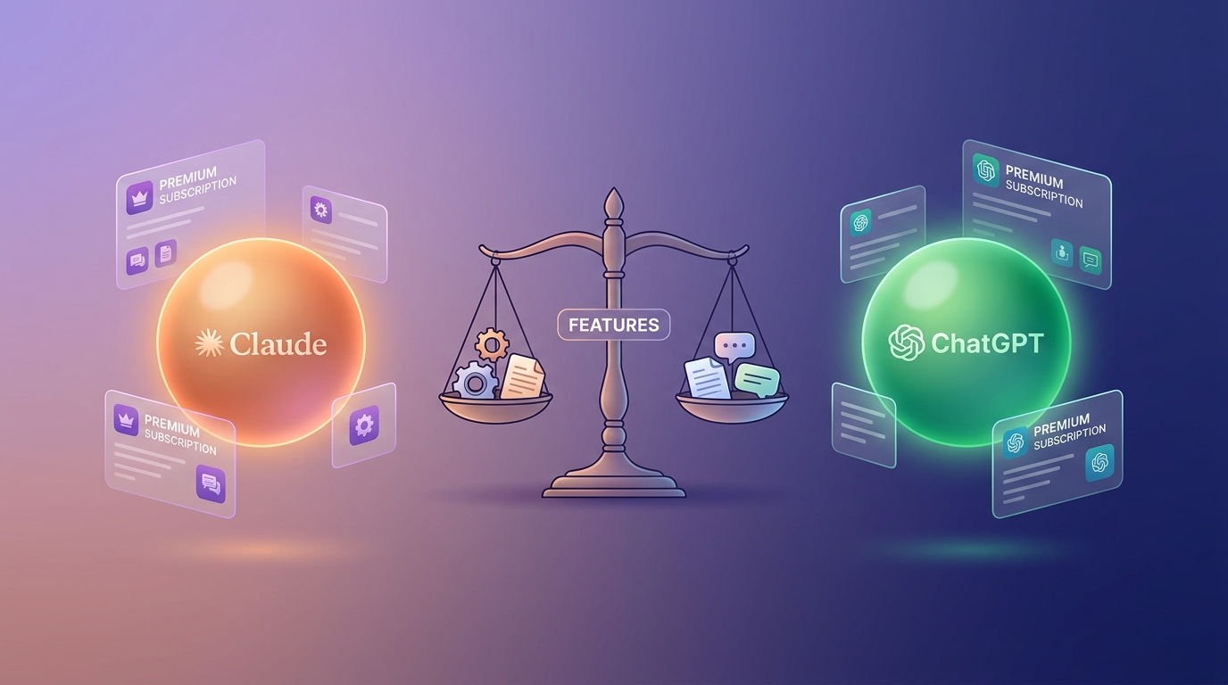 So sánh Claude Pro và ChatGPT Plus trên màn hình split-screen với pricing card