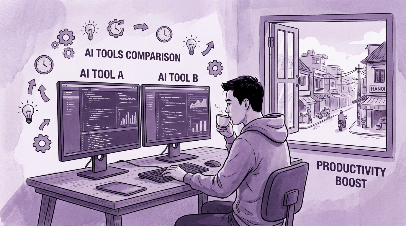 Hình minh họa Vietnamese developer workstation comparing two AI tools