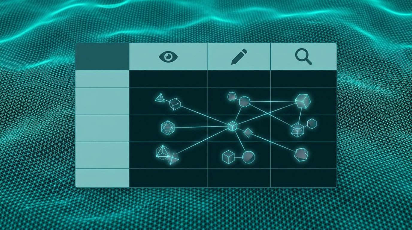 Airtable grid với MCP CRUD operation labels read write search aqua teal