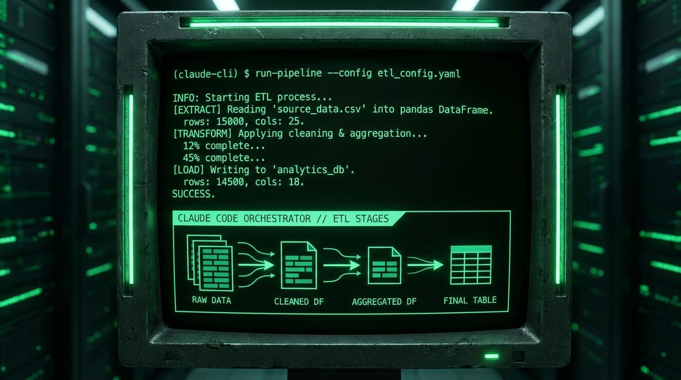 Cover: terminal Python pipeline với pandas và Claude Code