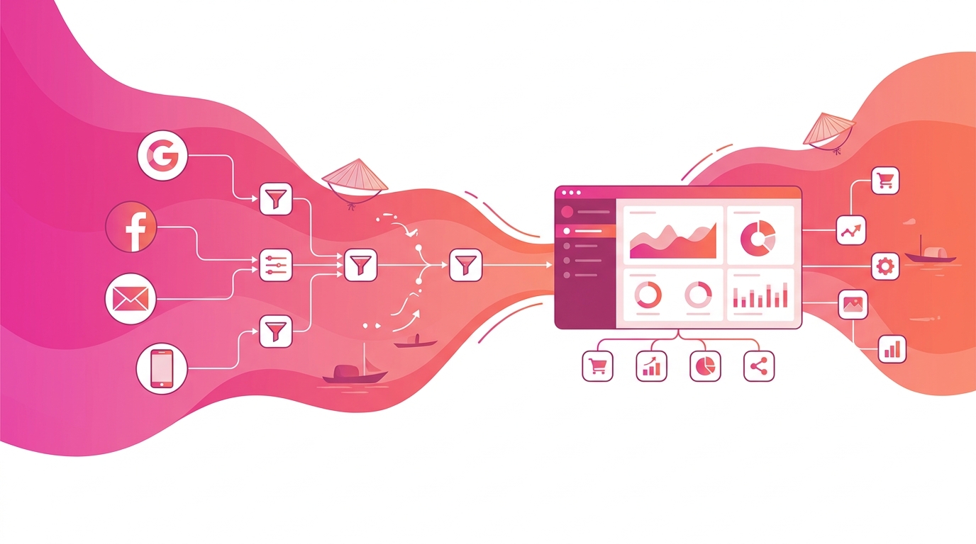 UTM tracking architecture với multi-channel attribution paths