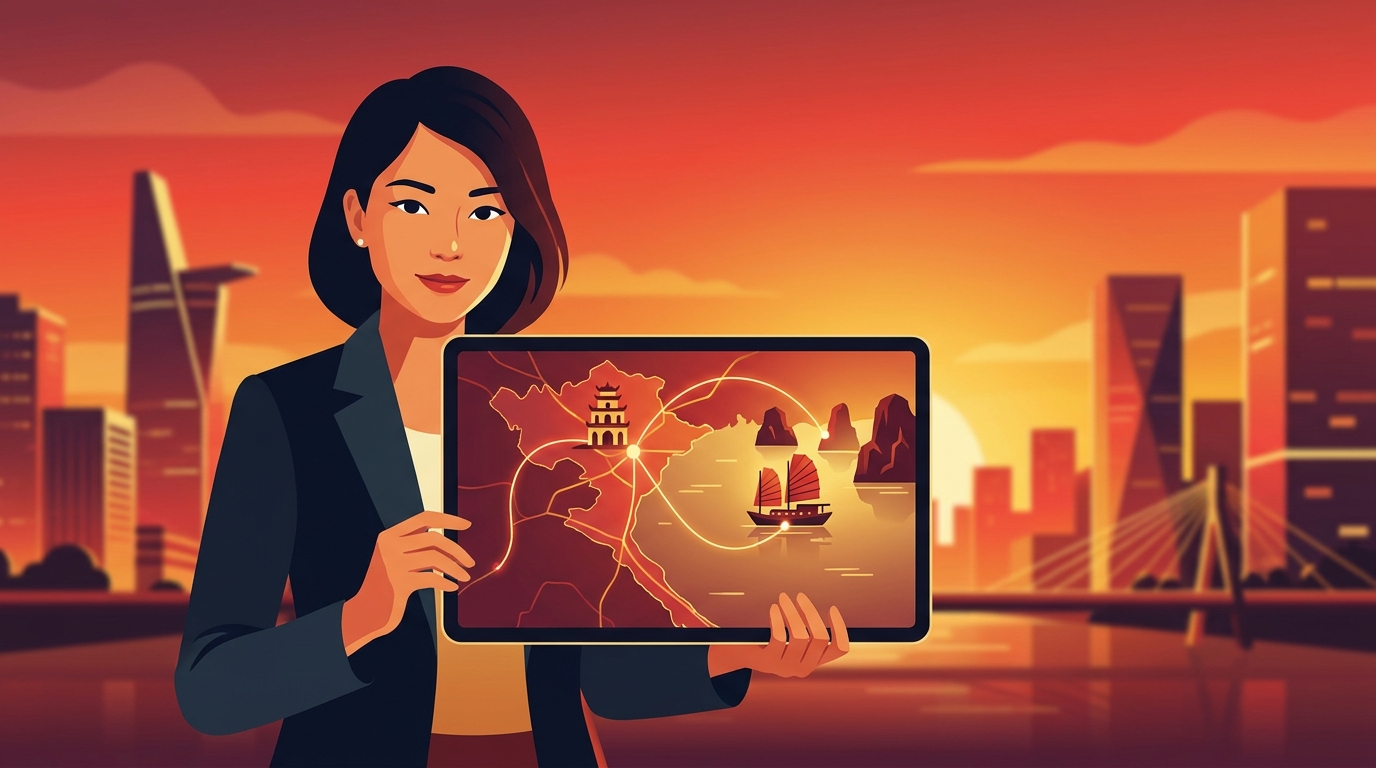 Hướng dẫn viên du lịch Việt dùng Claude AI tạo itinerary cá nhân hoá cho khách inbound trên laptop