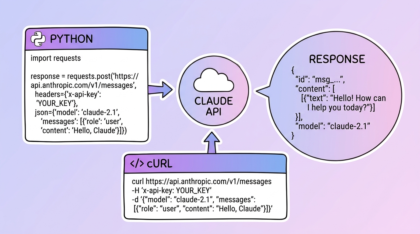Hình minh họa Python và curl code snippets gửi request đến Claude API