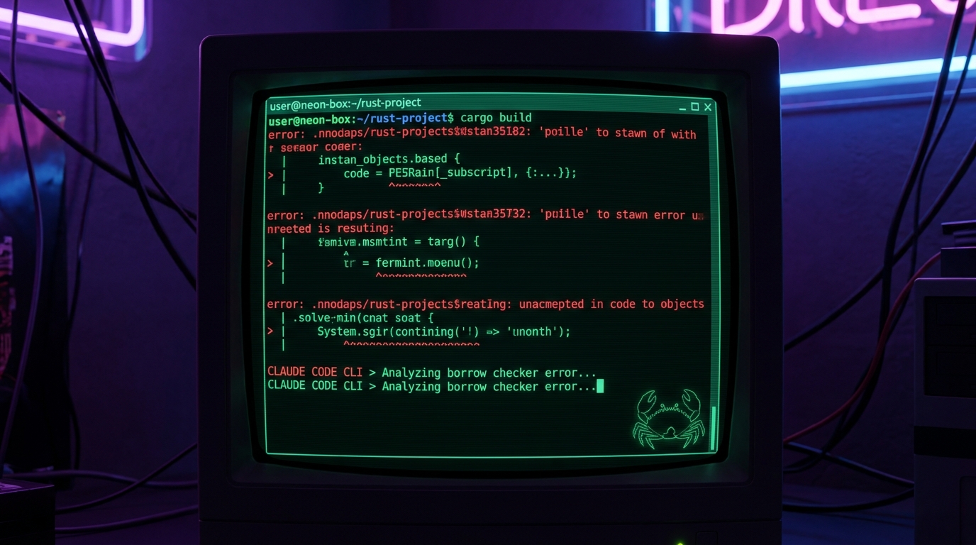 Cover: terminal Rust với cargo build và Claude Code fix
