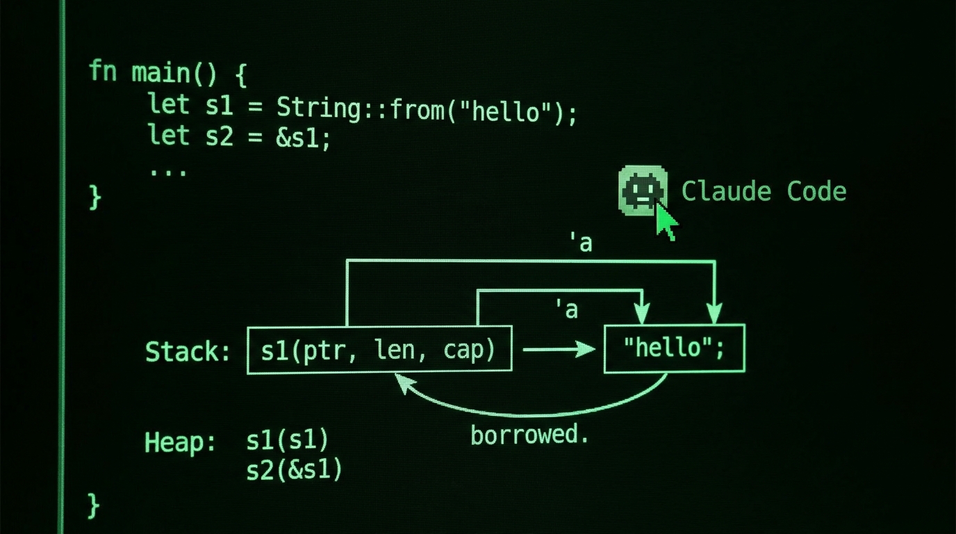 Diagram Rust ownership với memory diagram và Claude Code annotating lifetimes