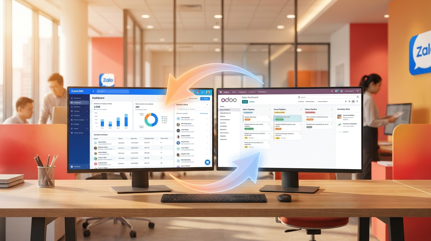 Dashboard ZaloCRM và Odoo đồng bộ khách hàng 2 chiều tại văn phòng Việt