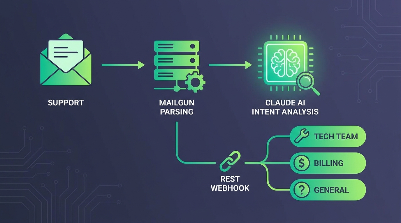 Mailgun inbound email parsing với Claude phân loại intent