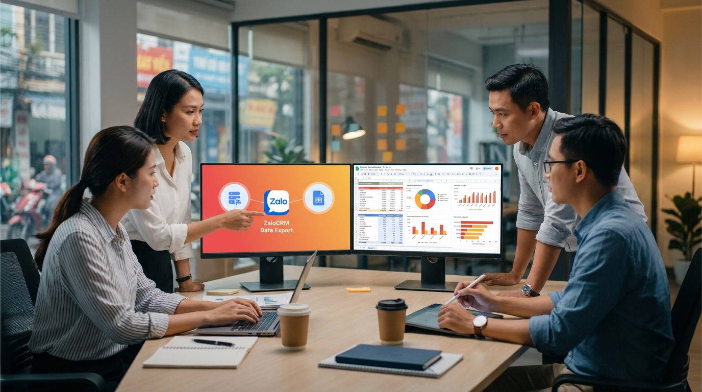 Team sale Việt xem dữ liệu ZaloCRM export sang Google Sheets dashboard trên hai màn hình