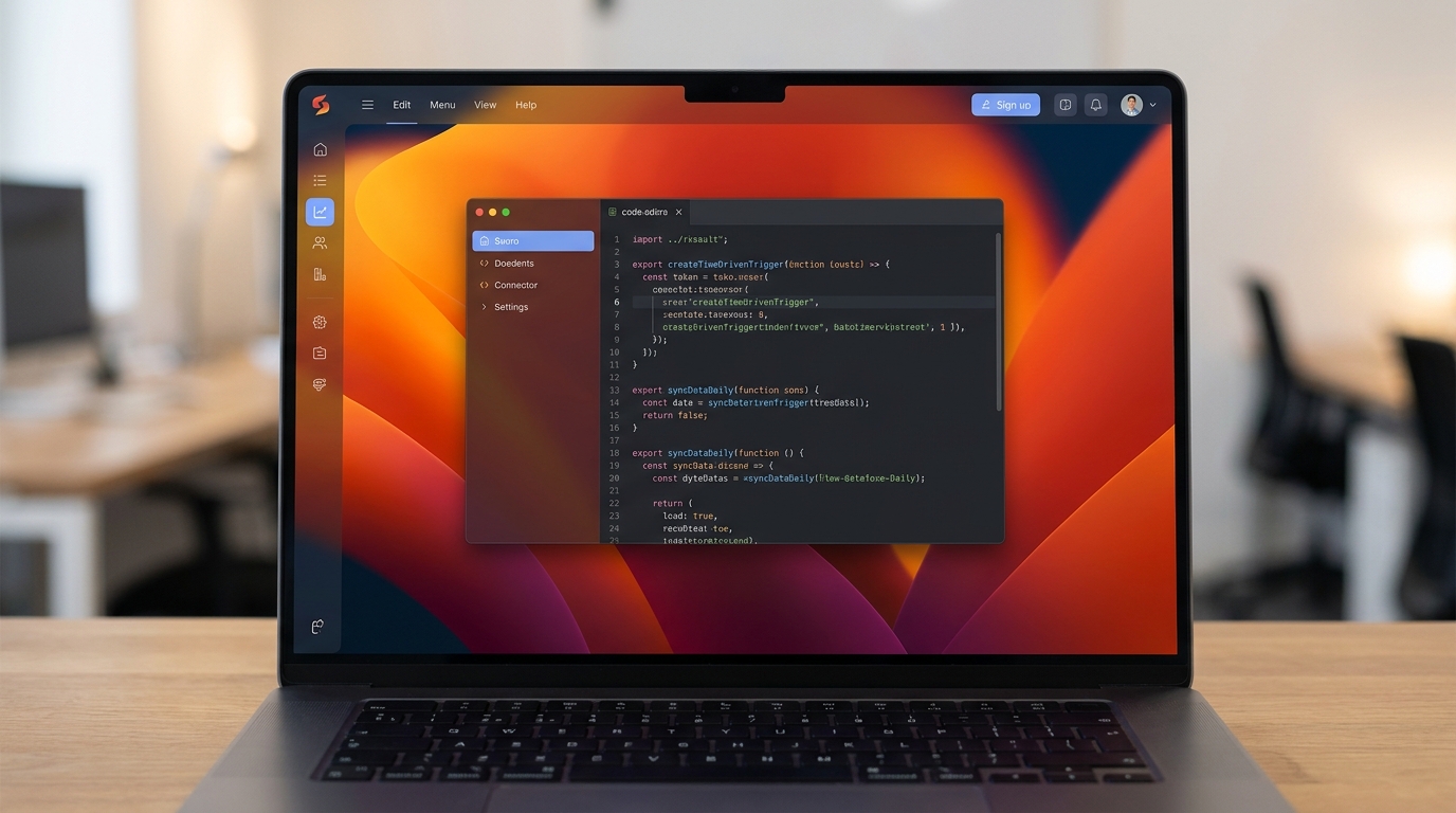 Apps Script editor hiển thị code scheduled trigger cho sync automation