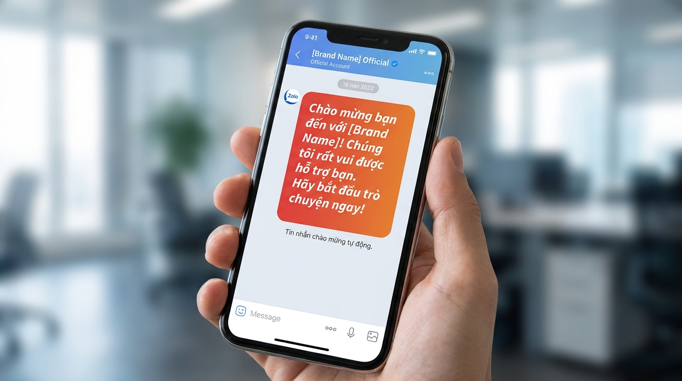 Smartphone Zalo chat hiển thị tin nhắn welcome bằng tiếng Việt từ official account