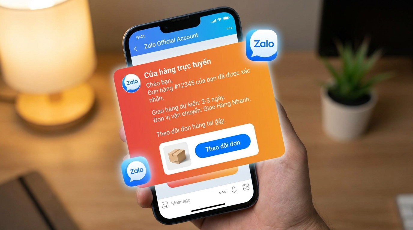 Zalo OA chat hiển thị xác nhận đơn hàng kèm thông tin vận chuyển bằng tiếng Việt