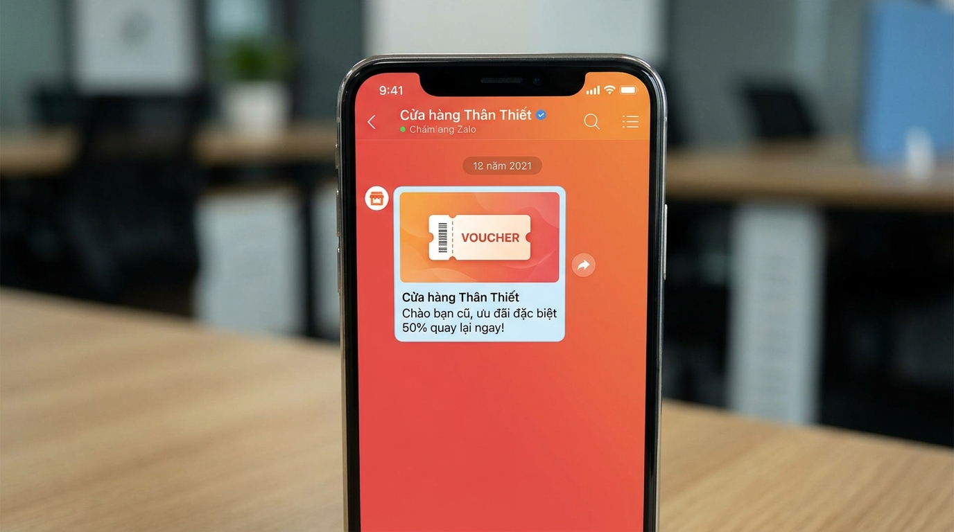 Zalo message với voucher giảm giá tới điện thoại khách hàng cũ chiến dịch win-back