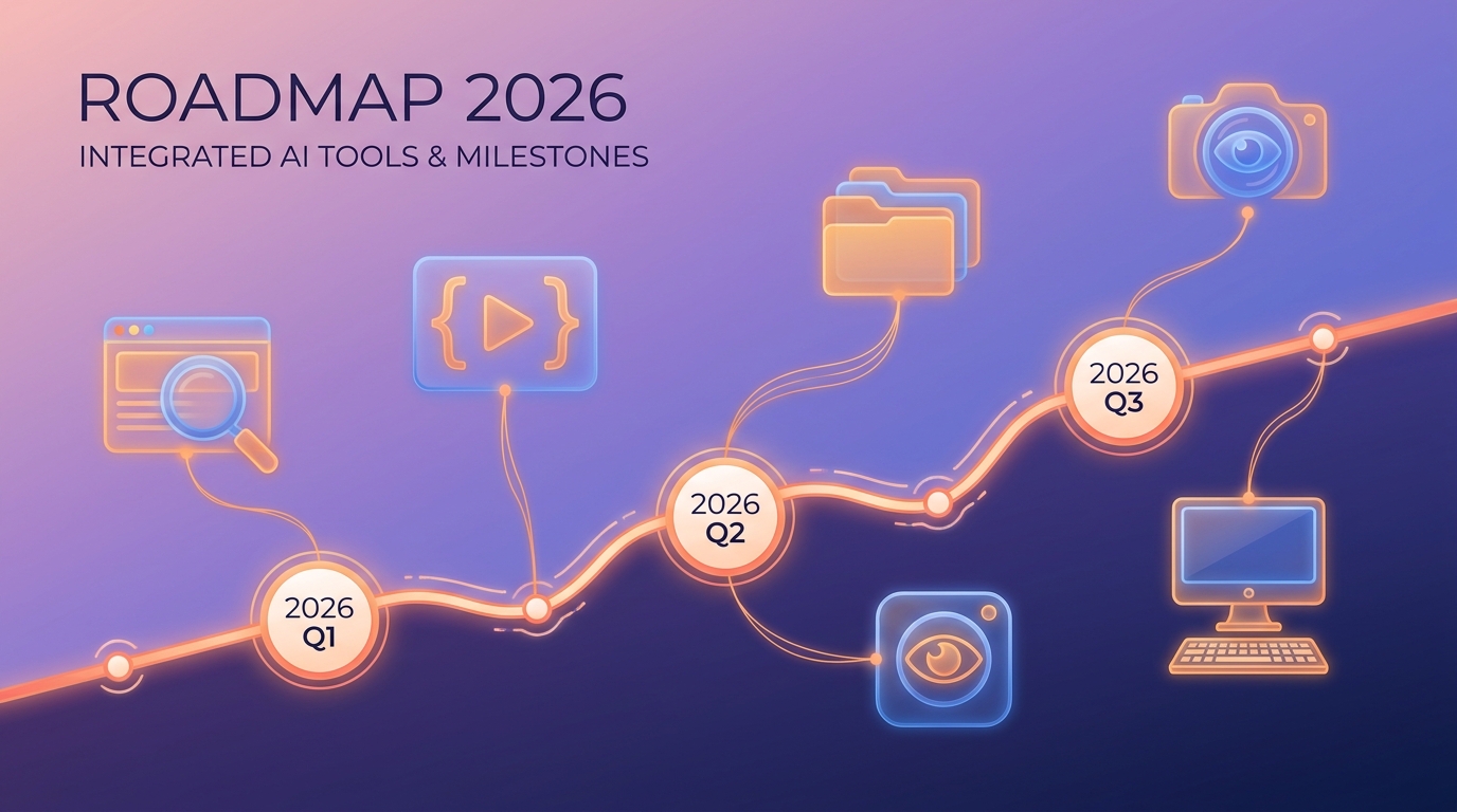 Roadmap timeline với floating tool icons web search code execution files vision