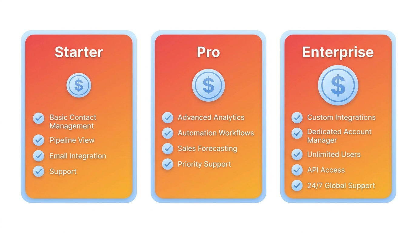 So sánh các gói CRM Starter Pro Enterprise với checkmark tính năng