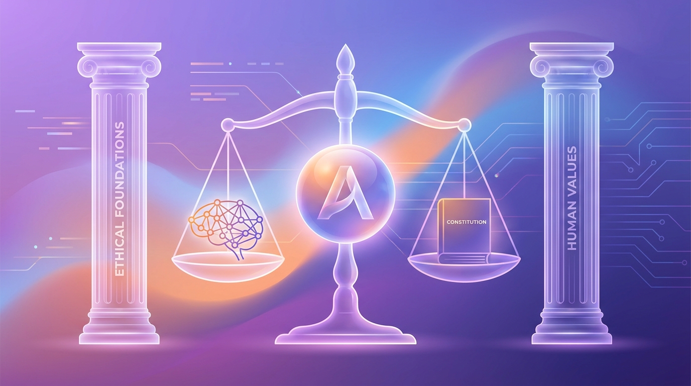 Cán cân công lý và AI neural network biểu trưng Constitutional AI