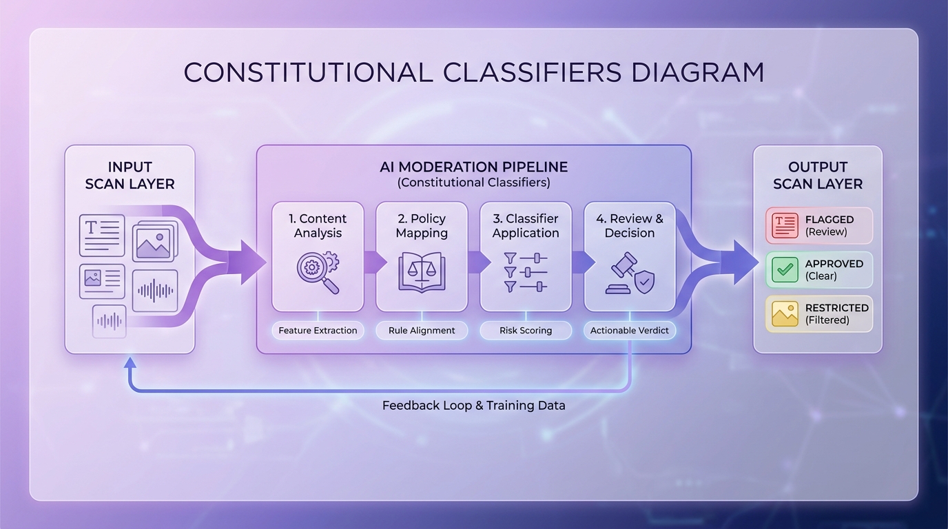 Sơ đồ Constitutional Classifiers với hai lớp quét đầu vào và đầu ra, palette lavender indigo, minh họa biên tập