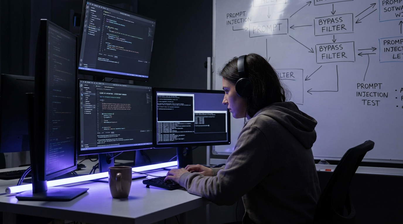 Minh họa kỹ thuật system prompt engineering với developer ngồi trước terminal viết Claude API code, ánh sáng indigo