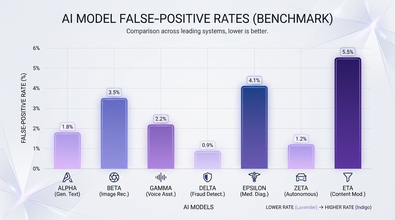 Biểu đồ so sánh false-positive Claude, ChatGPT, Gemini với cột màu lavender, dạng benchmark biên tập