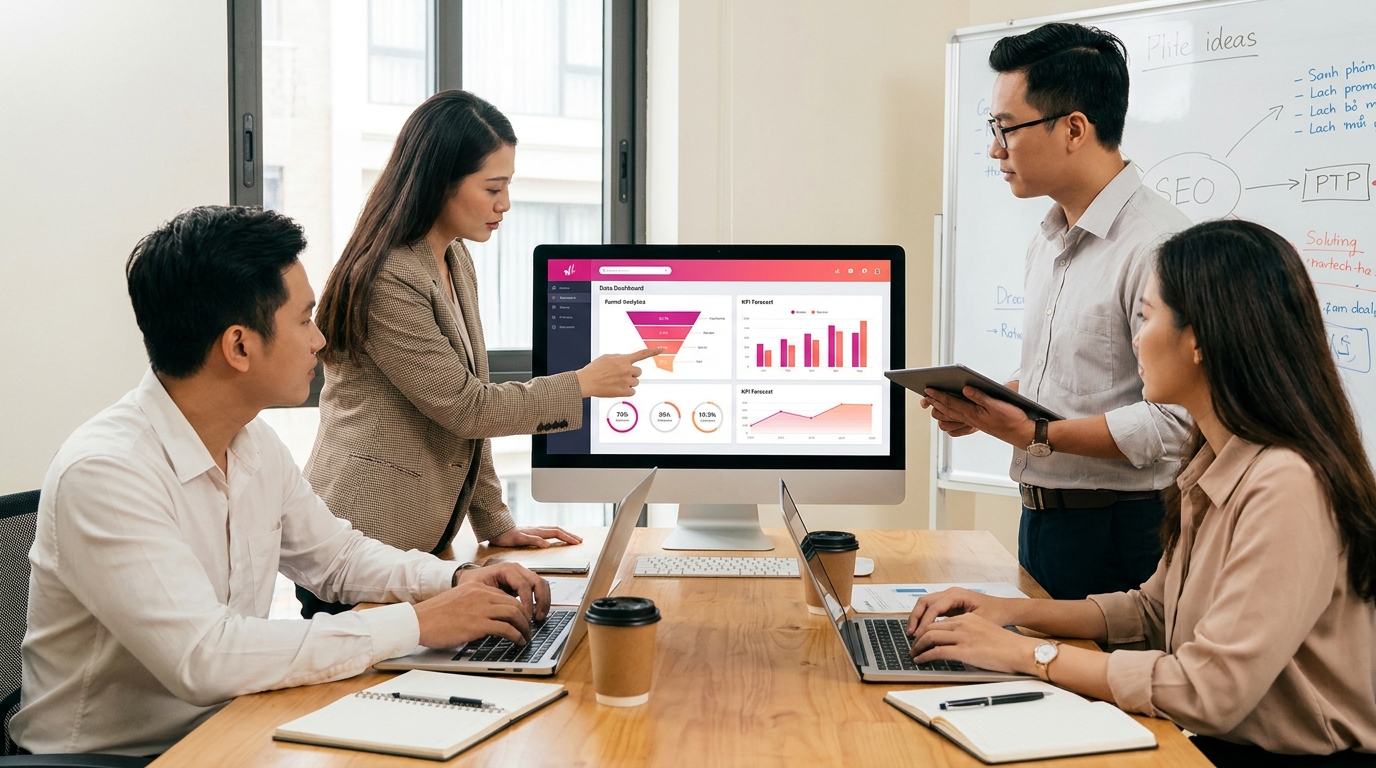 Minh họa funnel analytics trong marketing automation cho SME Việt trong quy trình vận hành 2026