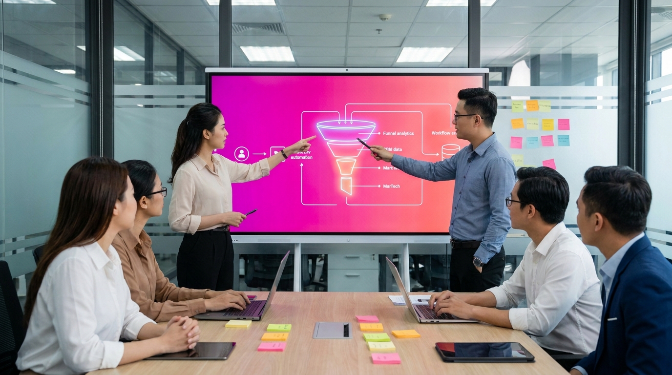 Minh họa funnel analytics trong marketing automation cho SME Việt trong quy trình vận hành 2026