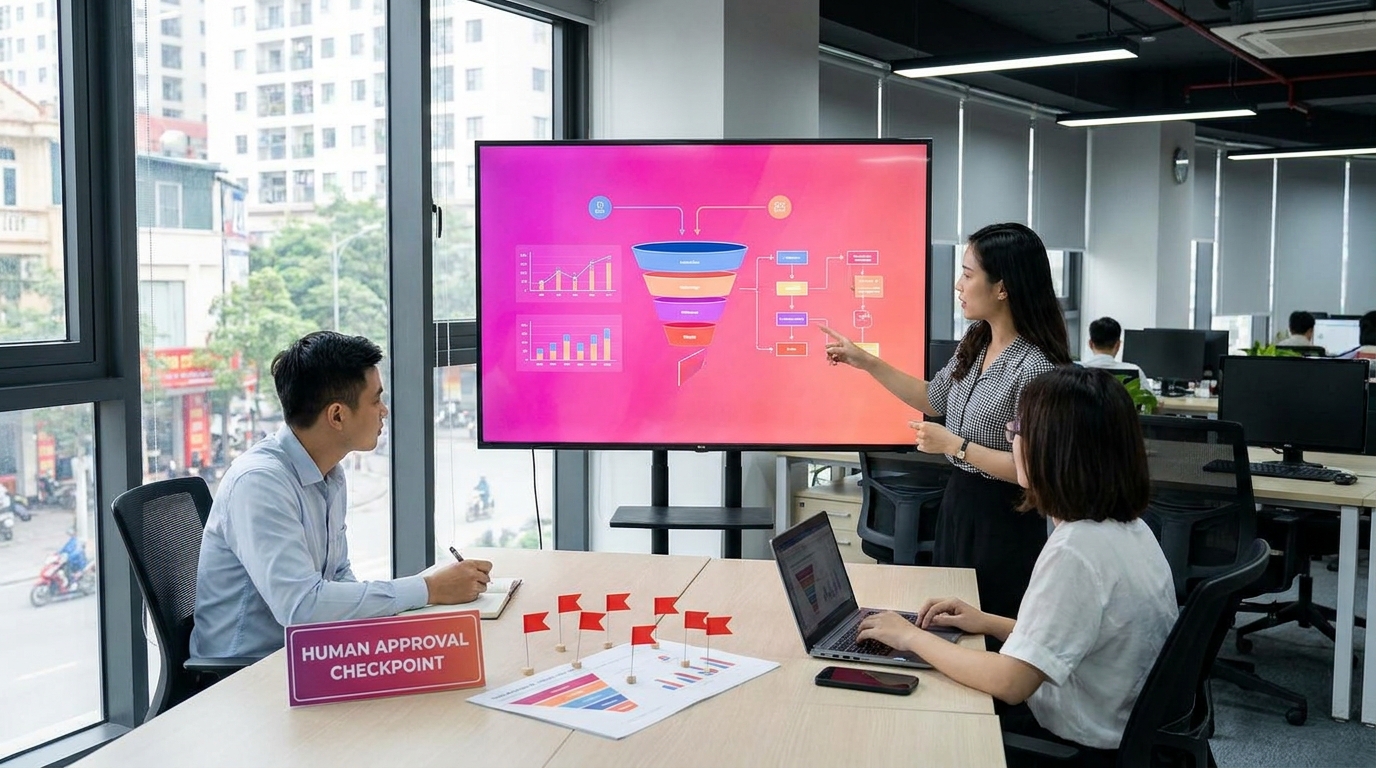 Minh họa funnel analytics trong marketing automation cho SME Việt trong quy trình vận hành 2026